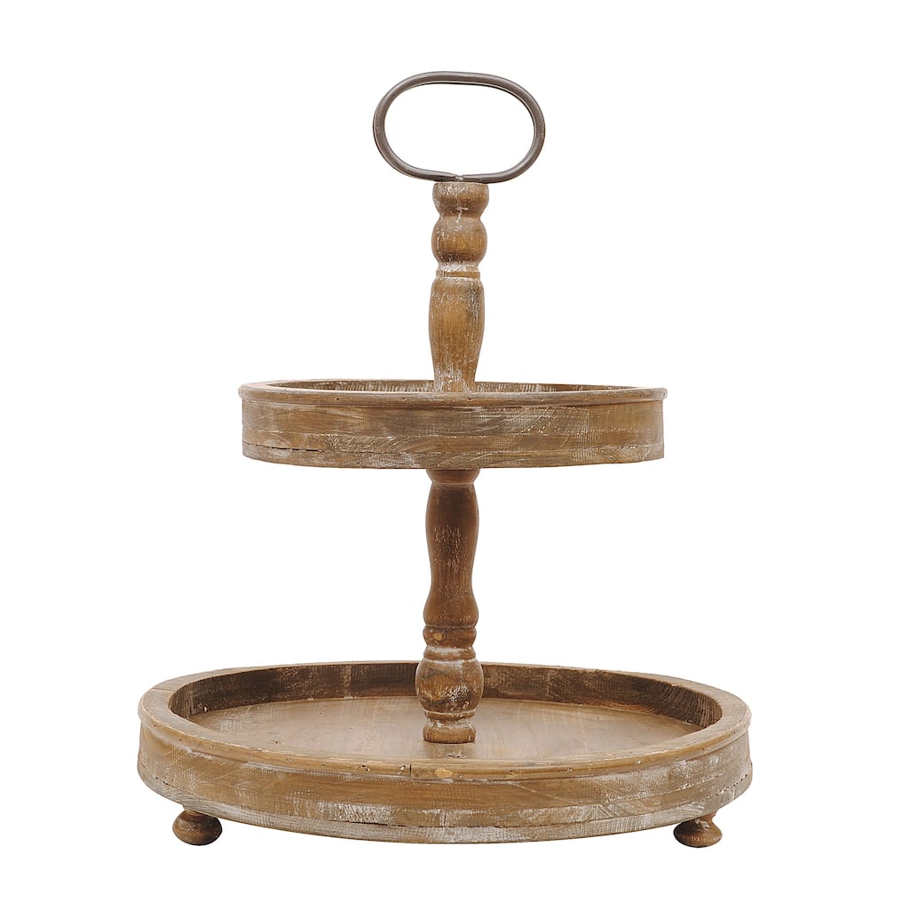 Distressed Wood 2-Tier Tray with Metal Handle