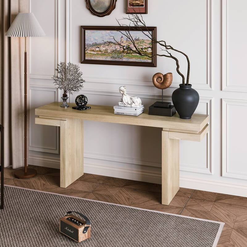 66 Inch Extra Wide Console Table - Minimalist with Real Wood Veneer, Distressed Oak