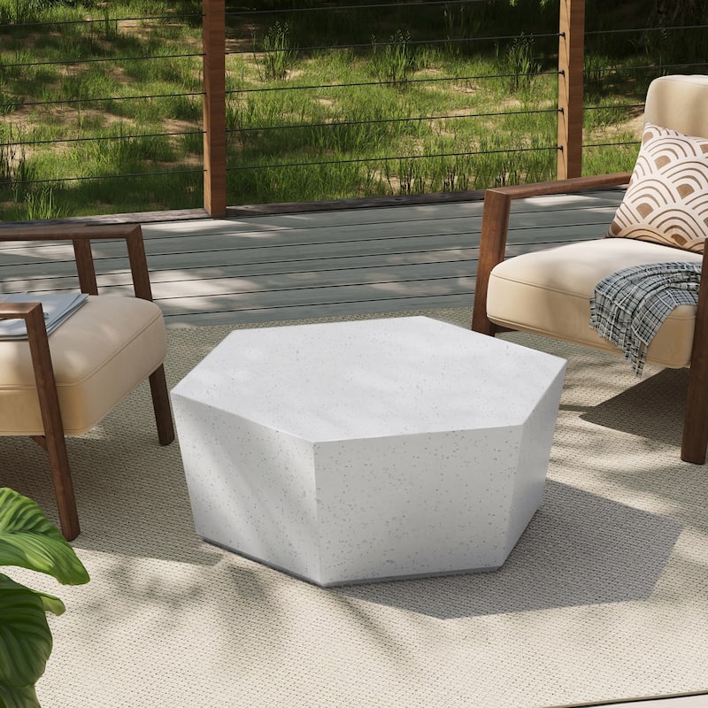 35-Inch Outdoor Side Table, Magnesium Oxide Hexagonal Coffee Table with Rain Cover