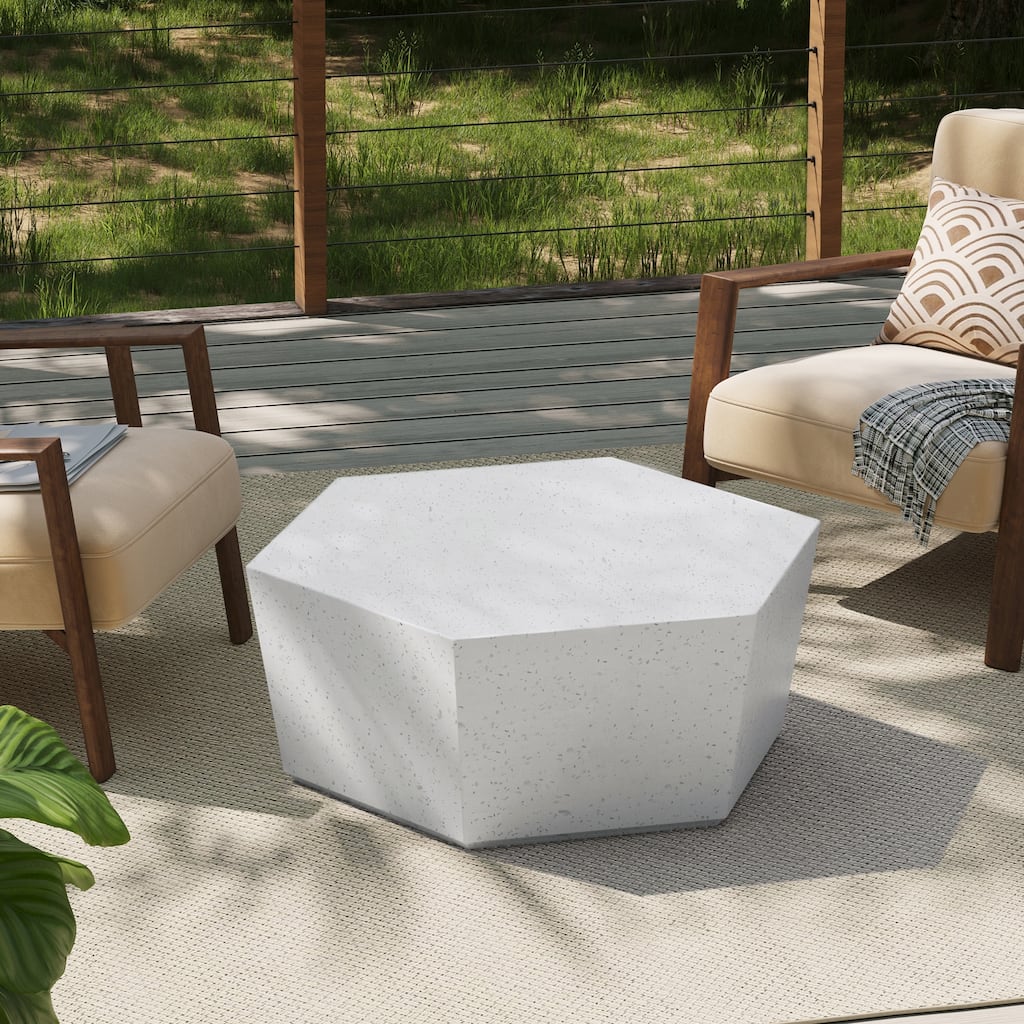 35-Inch Outdoor Side Table, Magnesium Oxide Hexagonal Coffee Table with Rain Cover
