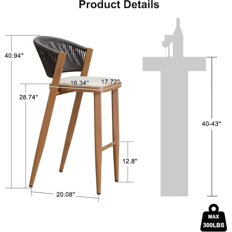 PURPLE LEAF Bar Stool Set of 2 Outdoor Rattan Bar Chair with Back Metal Bar Height Stool Wicker Barstool Dark Grey - N/A