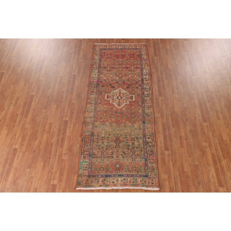 Geometric Zanjan Persian Vintage Runner Rug Handmade Wool Carpet - 3'7"x 9'10"