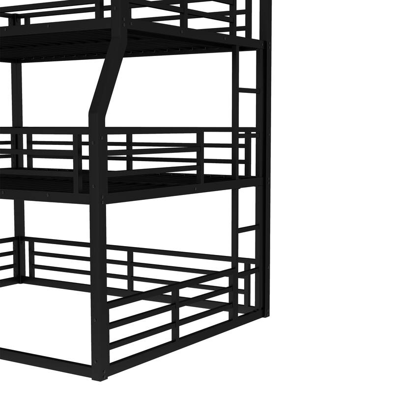 Space-Saving Metal Triple Bunk Bed with Safety Guardrails, Full/Full XL over Queen over Queen, Heavy-Duty Black Frame