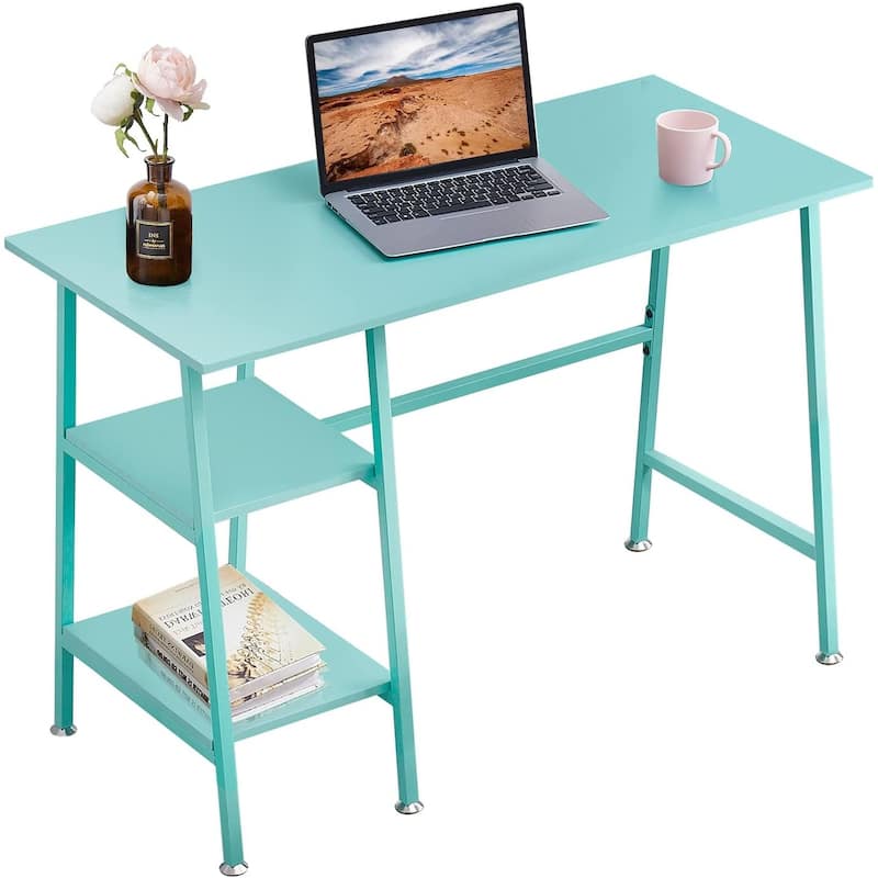 VECELO Small Gaming Computer Desk Home Office Desk with Storage Shelves Writing Table Small computer desk - Without Power Outlet - Blue