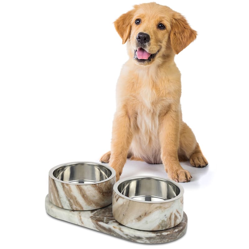 Marbre 12oz Double Pet Bowl Set - Marble & Stainless Steel with Non-Slip Tray - Beige/Gray