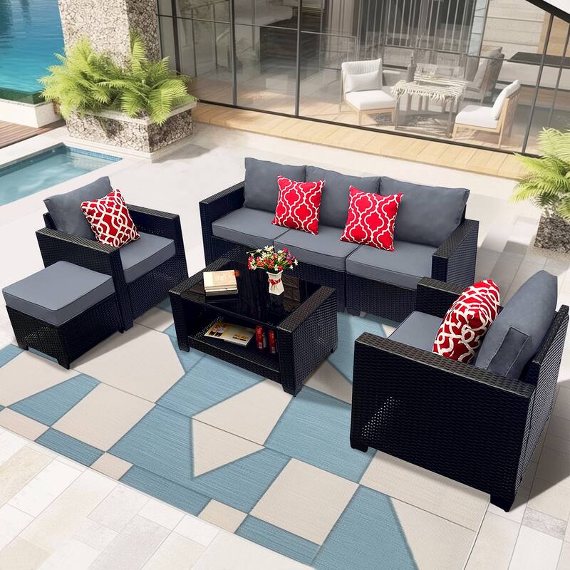 7 Piece Patio Furniture Set, Outdoor PE Rattan Wicker Sectional Sofa Set with 2 Sofa Chairs and Tempered Glass Table - Gray