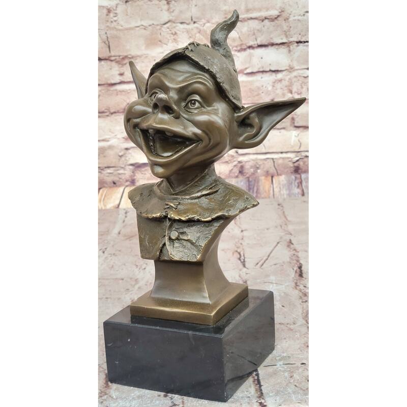 Whimsical Bronze Goblin Bust – Playful Fantasy Sculpture On Marble Base