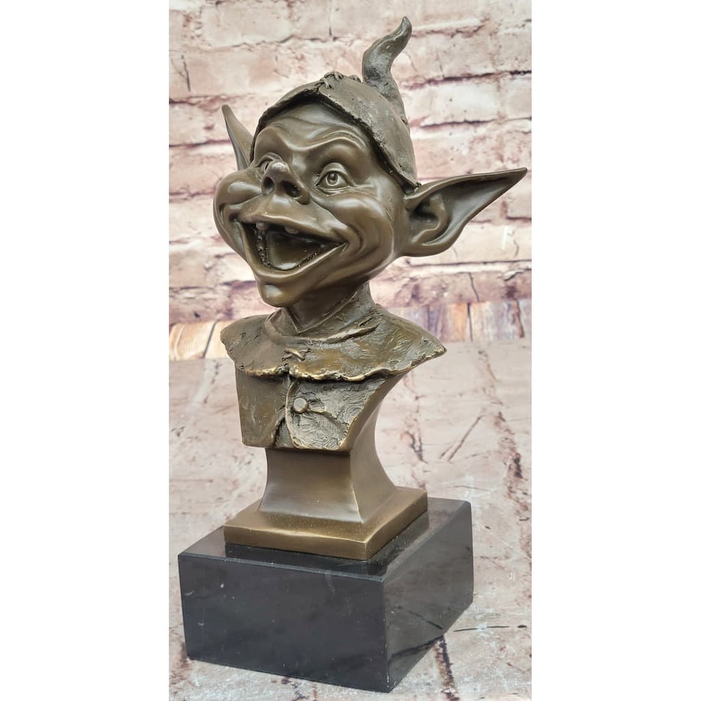Whimsical Bronze Goblin Bust – Playful Fantasy Sculpture On Marble Base