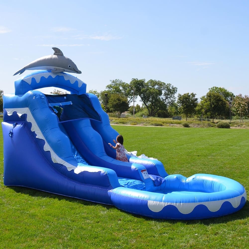 HeroKiddo Dolphin Commercial Grade Inflatable Water Slide with Pool for Kids & Adults with Air Blower, Lightweight, Outdoor Fun