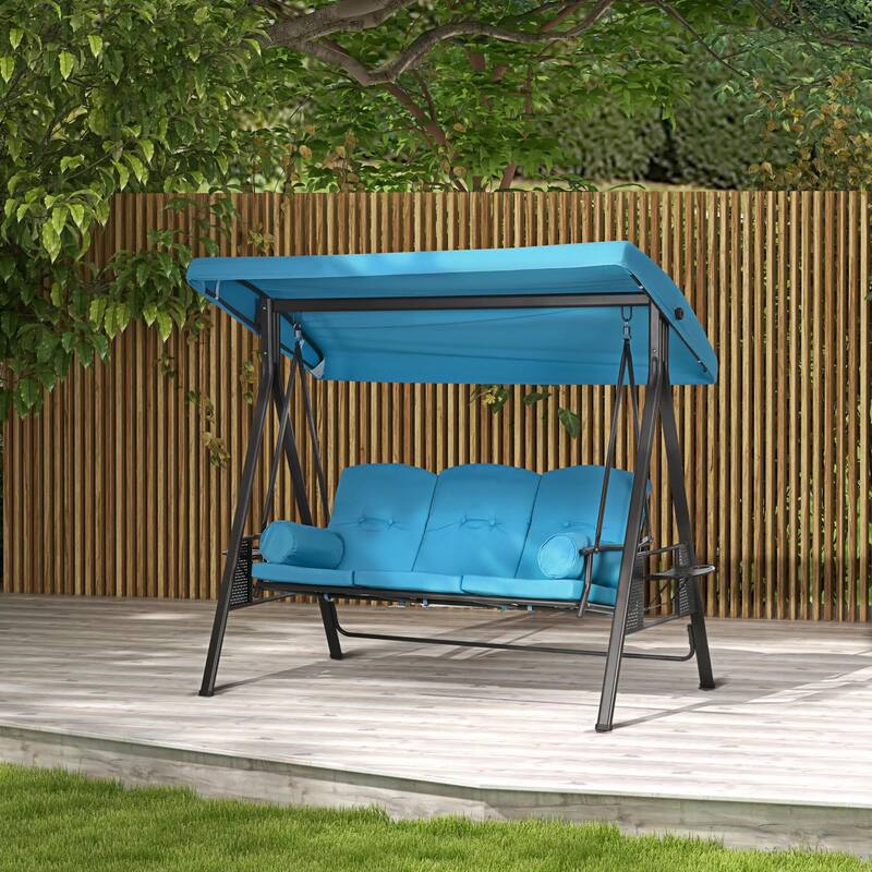 3-Seat Patio Swing Chair, Adjustable Canopy, Side Trays, Comfort Set