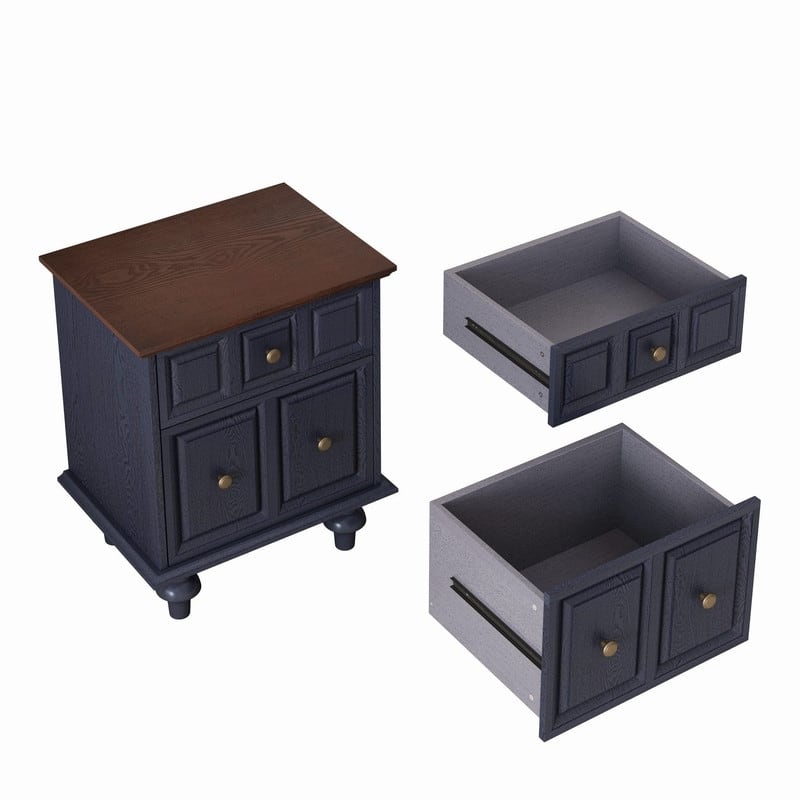 Vintage 2-Drawer Nightstand with Solid Wood Legs for Bedroom Storage Organization