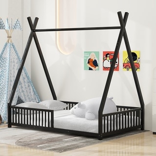 Black Twin Size Metal House Platform Bed with Triangle Structure and Guardrail for Kids, Boys and Girls