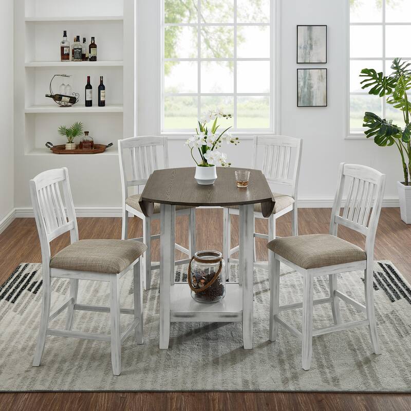 Foldable Drop Leaf Coffee Table Reception Table, Rustic Dining Table & Chairs with Upholstered Seat Chairs - Brown white