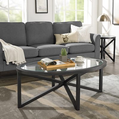Modern Round Glass Coffee Table with Solid Wood Base, Tempered Glass Top for Living Room, Terrace, Study