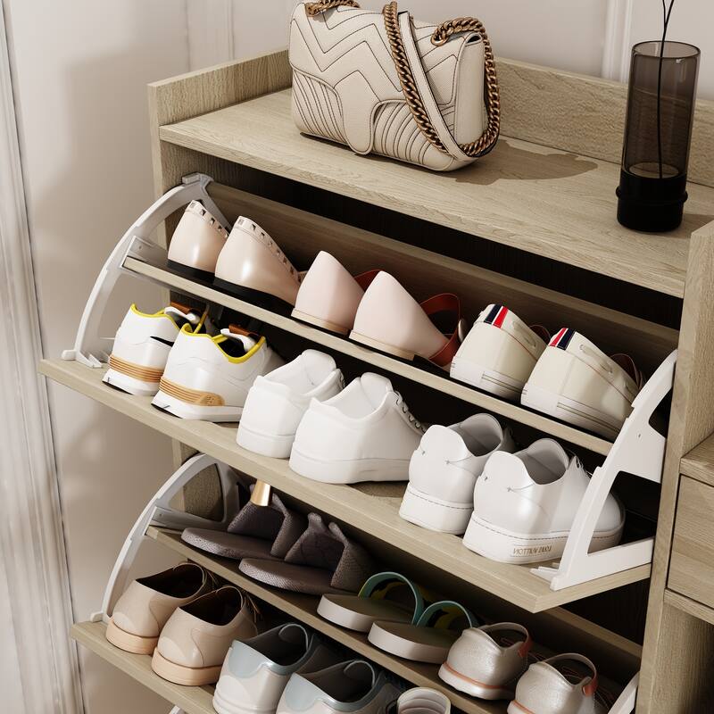 Natural Bohemia Style Shoe Cabinet with 3 Rattan Flip Drawers and 3 Cube Storage Shelves