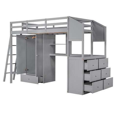 Gray Twin Wood Loft Bed with Wardrobe, Drawers, Desk and Shelves
