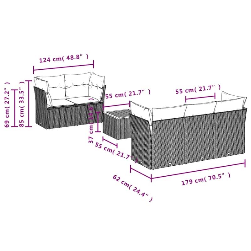 vidaXL 6 Piece Patio Sofa Set with Cushions Black Poly Rattan - 70.5x33.5x24.4