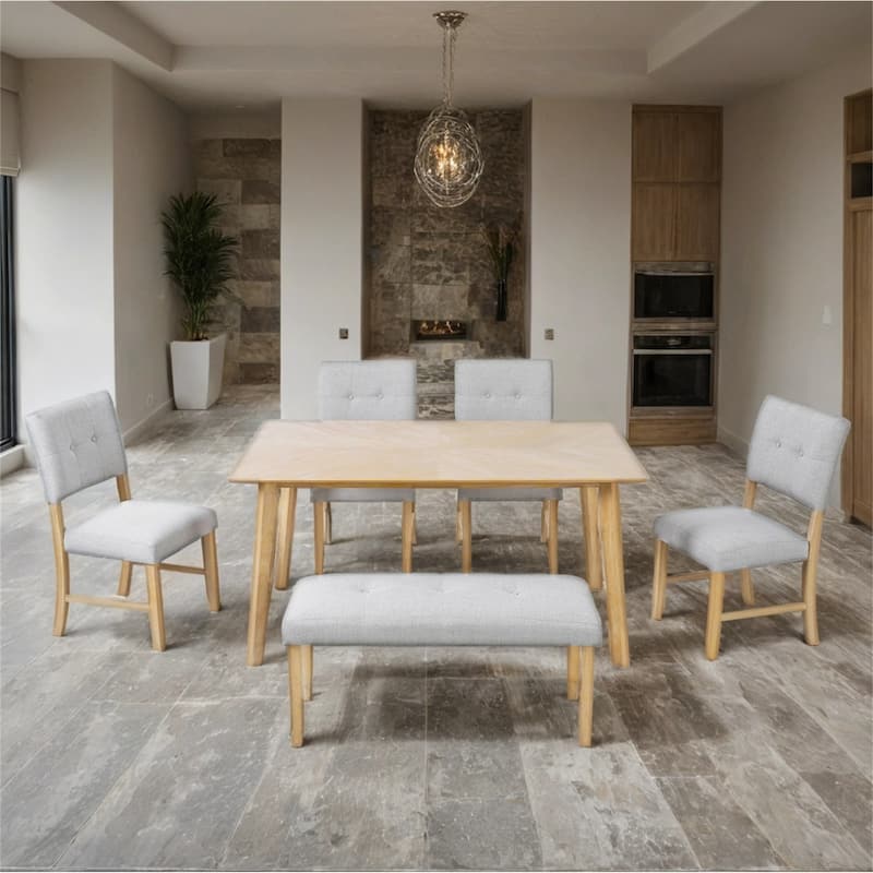 6 Piece Wood Dining Table Set with 4 Upholstered Chairs and Bench
