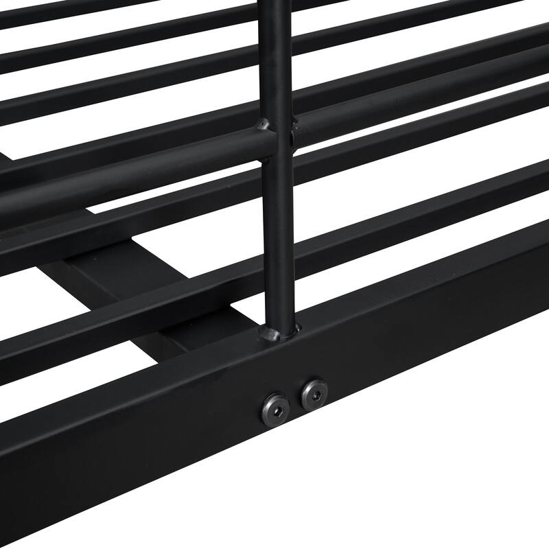 Full XL Over Queen Bunk Bed, Streamlined Iron Frame Platform Bed with Gridded Guardrails, Ladder, Split into 2 Individual Beds