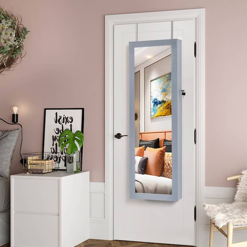 Grey Lockable Wall Door Mounted Jewelry Armoire with 6 LED Lights and Full-Length Mirror - 14.5"L x 3.9"W x 47.3"H