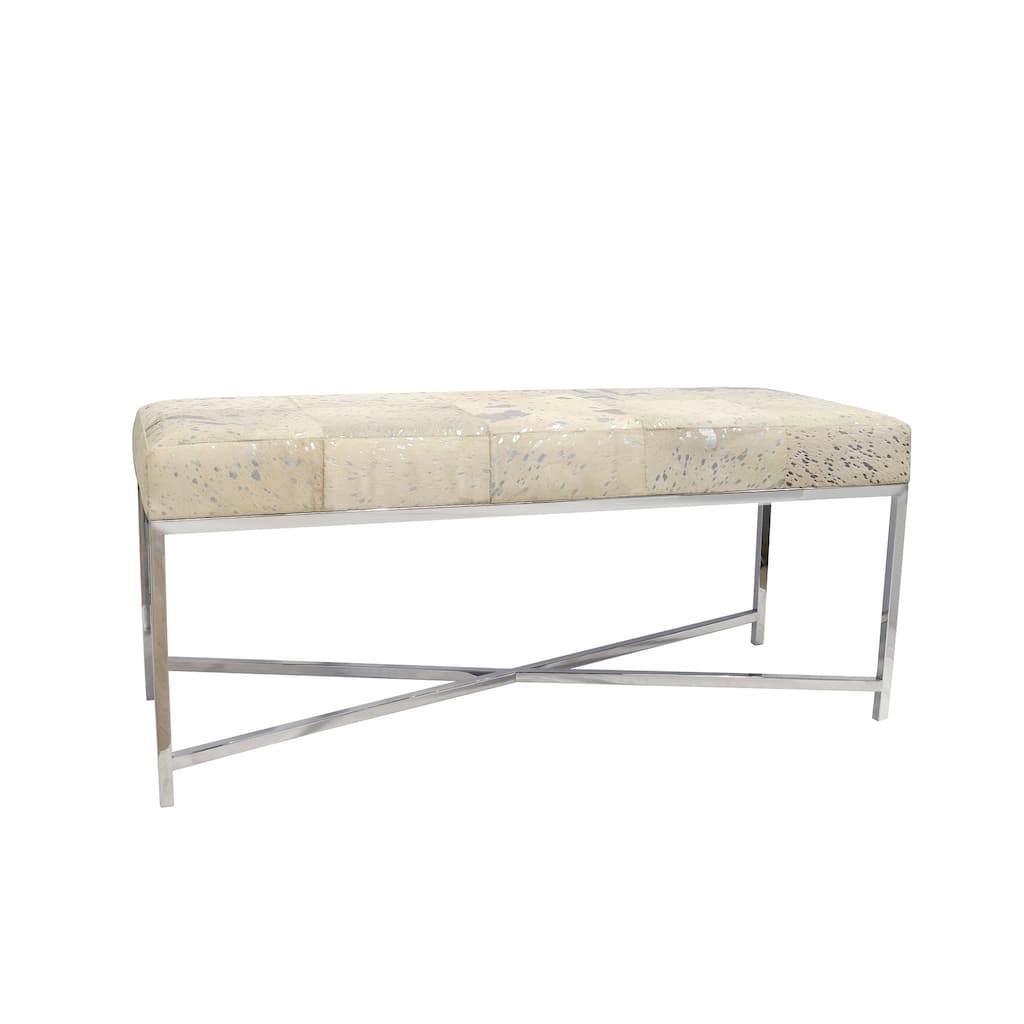 Pasargad Home Safari Cowhide with St. Steel Legs Bench, Silver