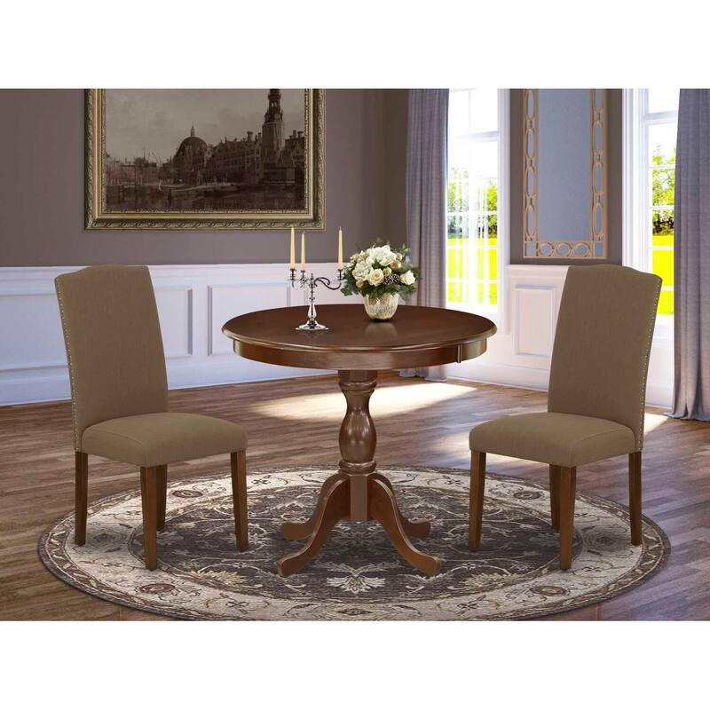 3-Piece Mahogany Finish Solid Wood Top Round Dining Room Set with High Back (Seats-4)