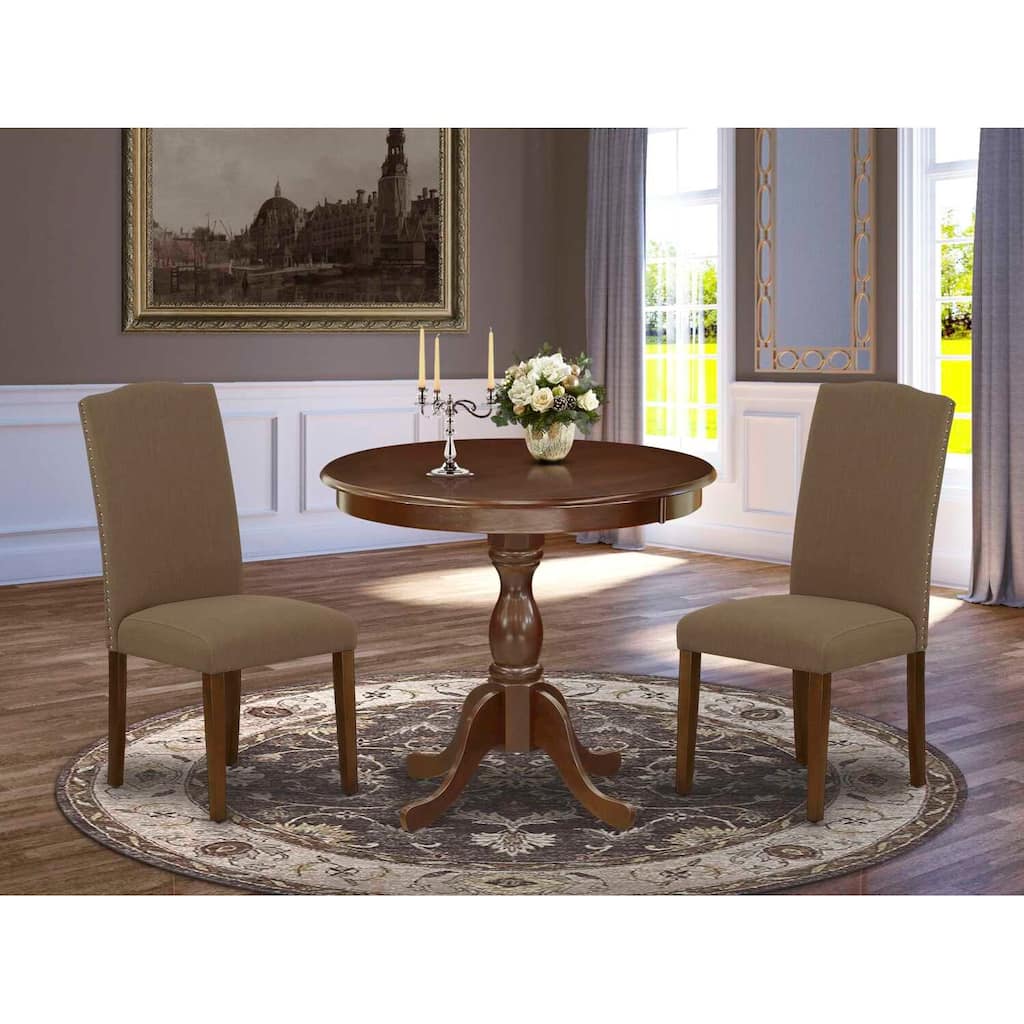 3-Piece Mahogany Finish Solid Wood Top Round Dining Room Set with High Back (Seats-4)