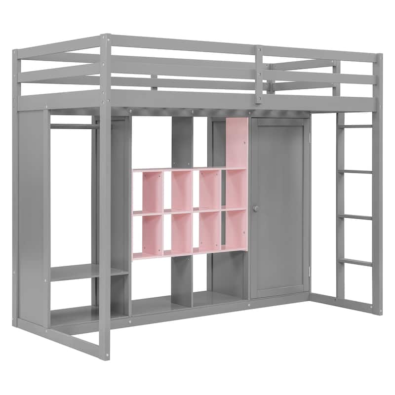 Roomfitters Twin Size Wood Loft Bed with Wardrobe, Shelves and Cabinet