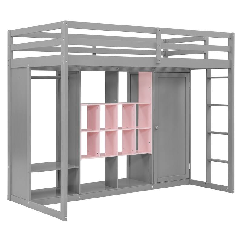 Twin Size Wood Loft Bed with Wardrobe, Shelves, and Cabinet in Gray and Pink