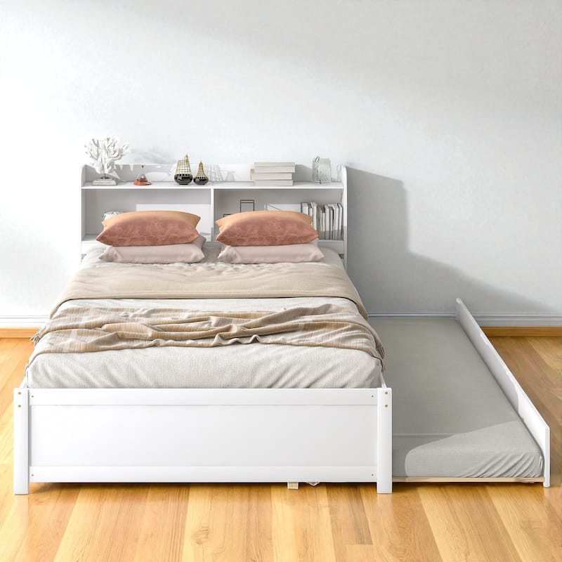 Twin/Full Bed Frame with Pull-Out Trundle and Bookcase Headboard, No Box Spring Needed - White - Full