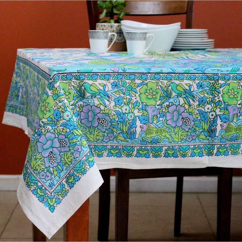 Vibrant Cotton Floral Tree Of Life Tablecloth Collection - 72 x 72 in - Purple Turquoise
