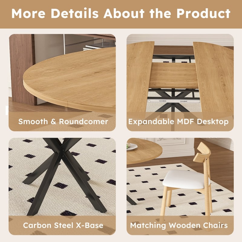 43.3" Extendable Round Dining Table with Carbon Steel Base and 4 Chairs