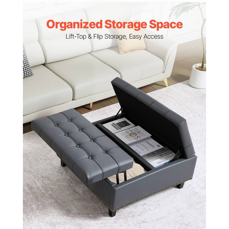 Tufted Lift Top Storage Ottoman Elegant Gray PU Leather with Hidden Compartment Child Safe Hinges