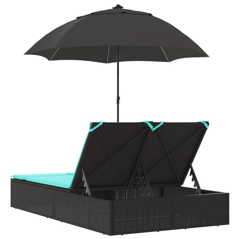 vidaXL Patio Double Sun Lounger&Cushions&Parasol Poly Rattan Brown/Gray/Black - 78.7" x 64.6" x 69.3"