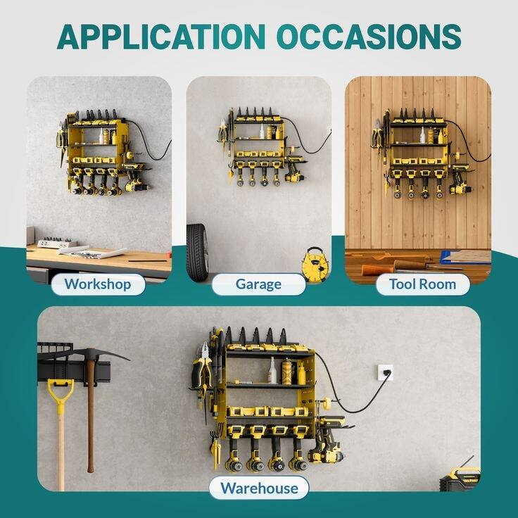 Sttoraboks Modular Power Tool Organizer, Wall Mount Garage 4 Drill Shelf Rack with hooks, 8 Outlet Power Strip