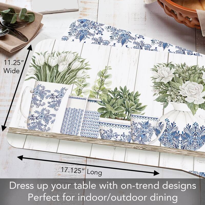 Wipe-Clean Reversible Decofoam Placemats, Blue & White Pottery, Set of 4, Made in The USA