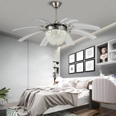 42" 8 Retractable Blades Chrome Sliver Crystal Ceiling Fan with Remote - 42in