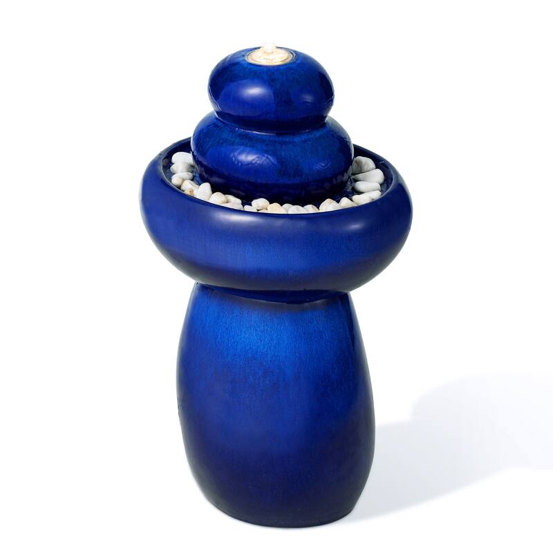 Glitzhome 22"H Zen-Style Cobalt Blue Pebbles Outdoor Ceramic Fountain with Pump and LED Light