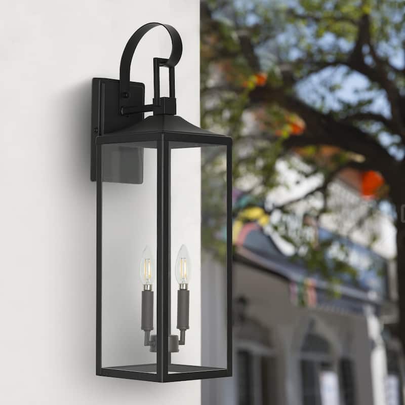 Castle 2-Light 25 in. Matte Black Outdoor Wall Lantern Sconce with Dusk to Dawn Sensor