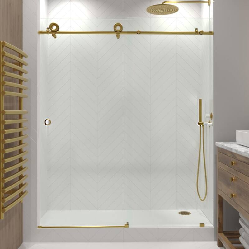 Seawin Crystal 56 - 60 x 78 inches Frameless Sliding Shower Door 3/8 in. (10 mm) Clear Tempered Glass with NanoShield Coating - Satin Gold