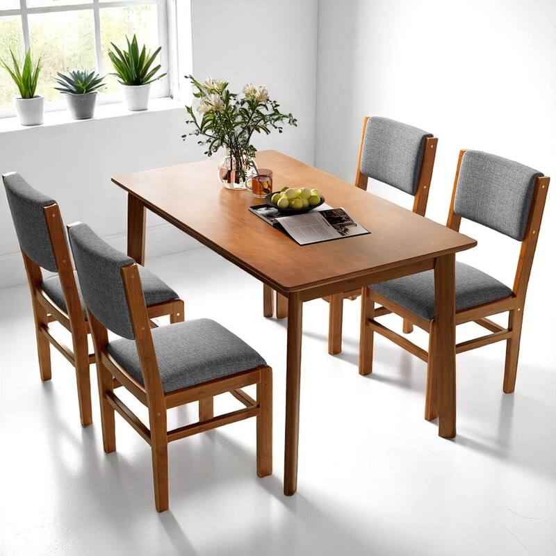 5 Piece Wooden Dining Table and Chairs Set, Mid-Century Modern Table with Linen Upholstered Chairs for Kitchen - Brown