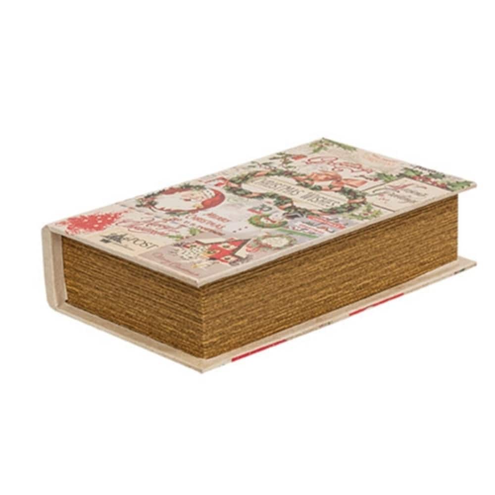 Brown Wooden Christmas Book Box with Vintage Stamp Canvas and Velvet 9.5x6 in - 6 x 2.25 x 9.50 in.