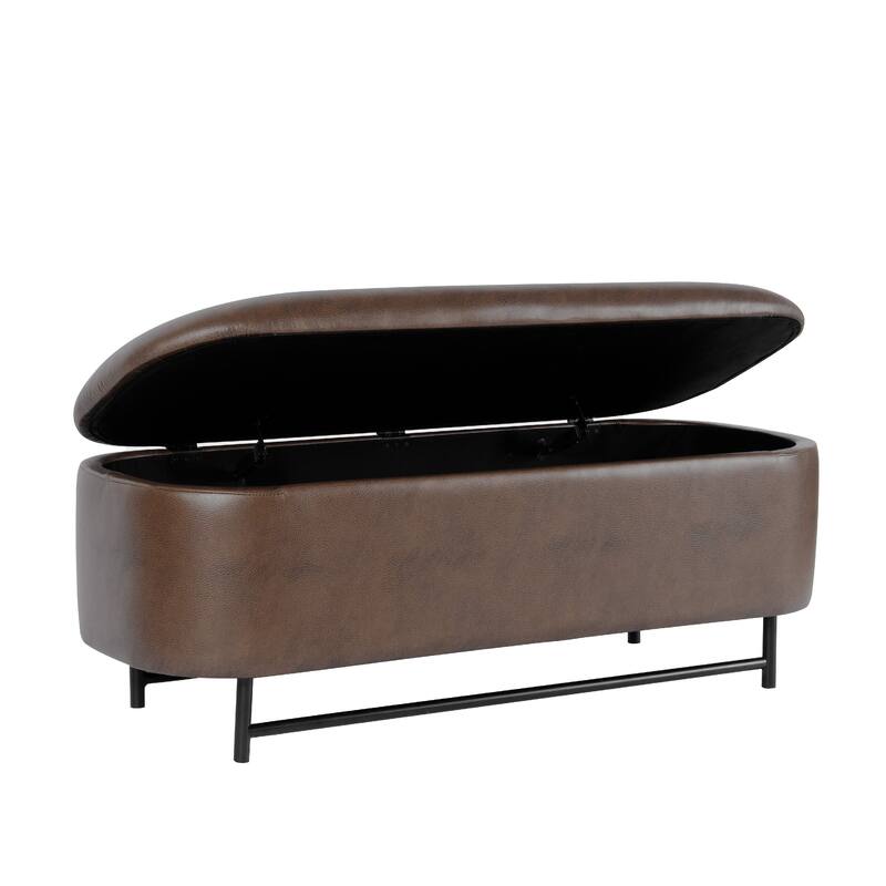 Pat Storage Bench Ottoman, Brown Faux Leather, Black Metal, 46 Inch