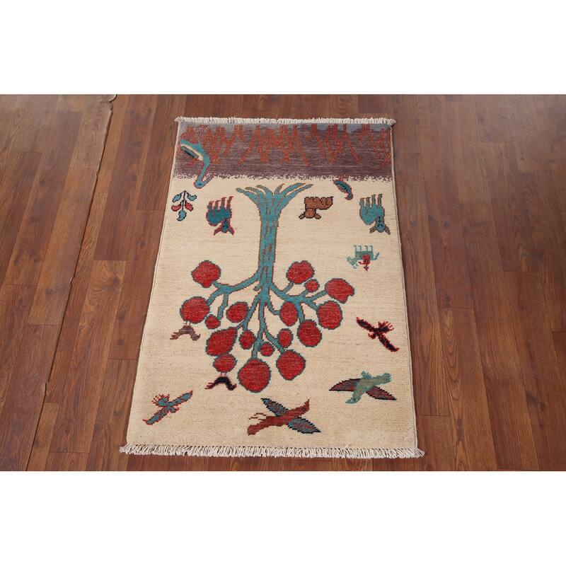 Animals Design Ziegler Foyer Rug Handmade Beige Wool Carpet - 2'0" x 2'11"