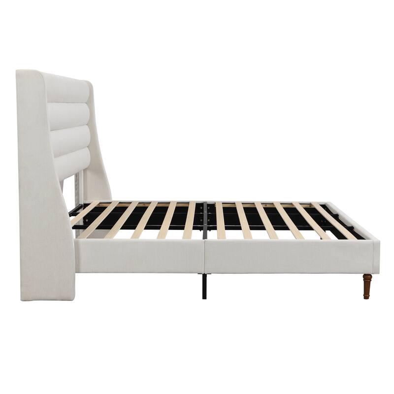 King Size Bed Frame High Headboard Upholstered Platform Bed with Wave - Shaped Headboard, Premium Chenille Fabric