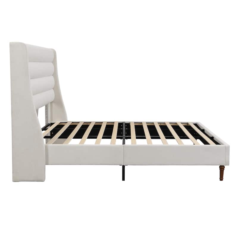 King Size Upholstered Platform Bed with Wavy Headboard, Premium Chenille Fabric, Modern Minimalist Design, Easy Assembly, Ivory