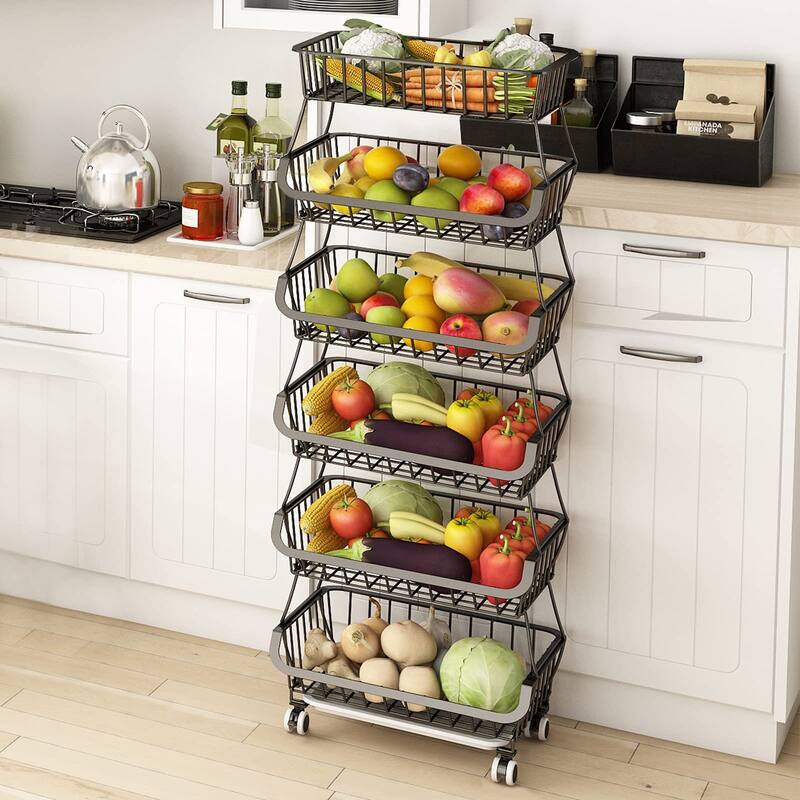 6 Tier Fruit Vegetable Basket for Kitchen, Fruit Vegetable Storage Cart/ Bins for Onions and Potatoes - Black