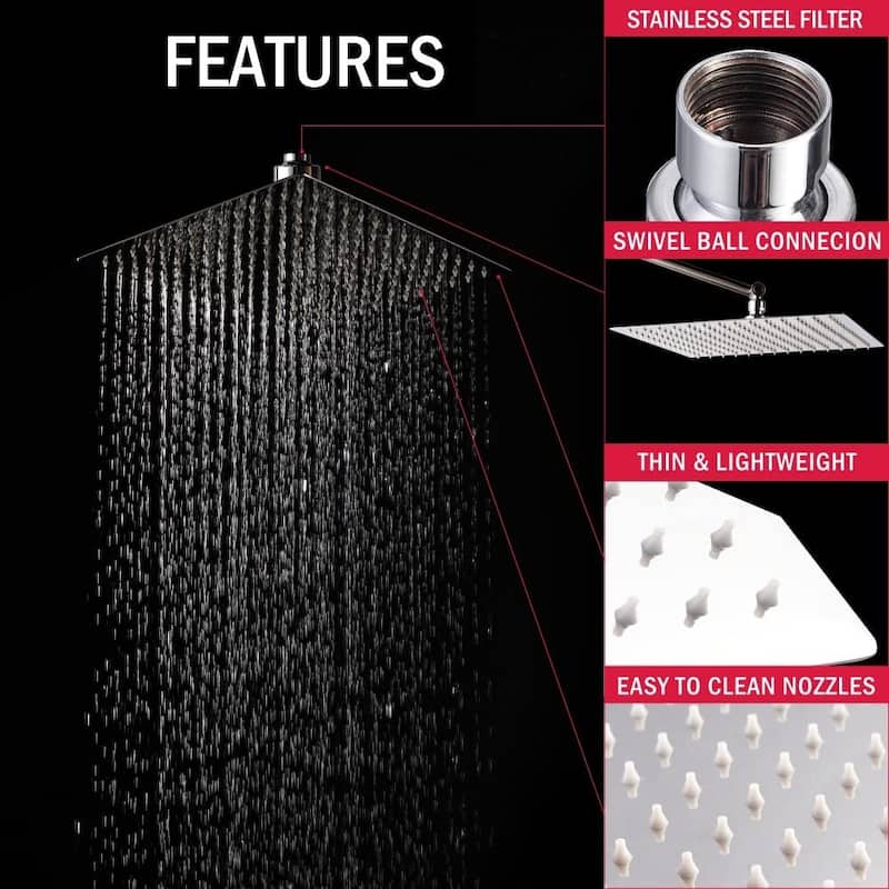 12-in Polish Brushed Nickel Solid Square Ultrathin Rainfall Shower Head with Silicone Nozzle