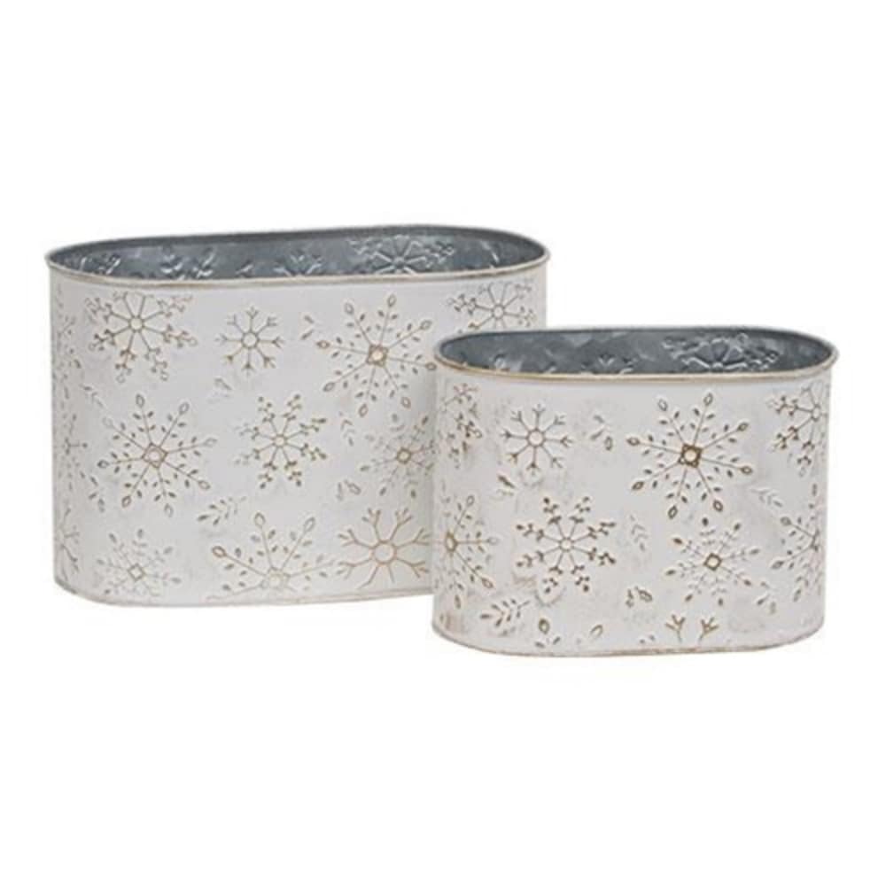 Set of 2 Distressed White Metal Oval Buckets with Gold Embossed Snowflakes - 5.5”H x 8.5”W x 5”D