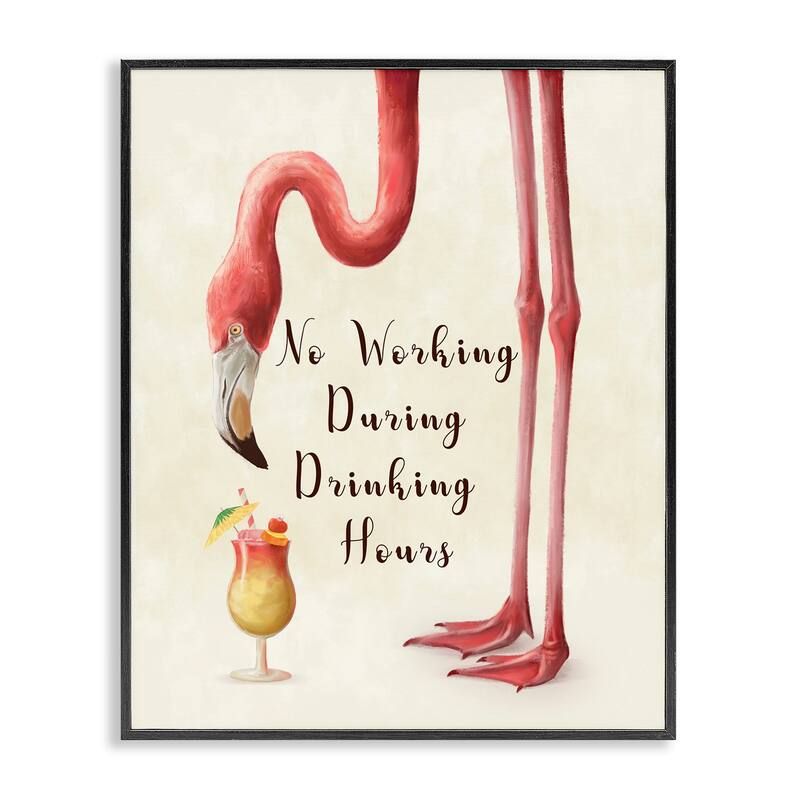 Stupell No Working During Drinking Hours Phrase Tropical Flamingo Framed Giclee Texturized Art by Ziwei Li - 16 x 20 - Black